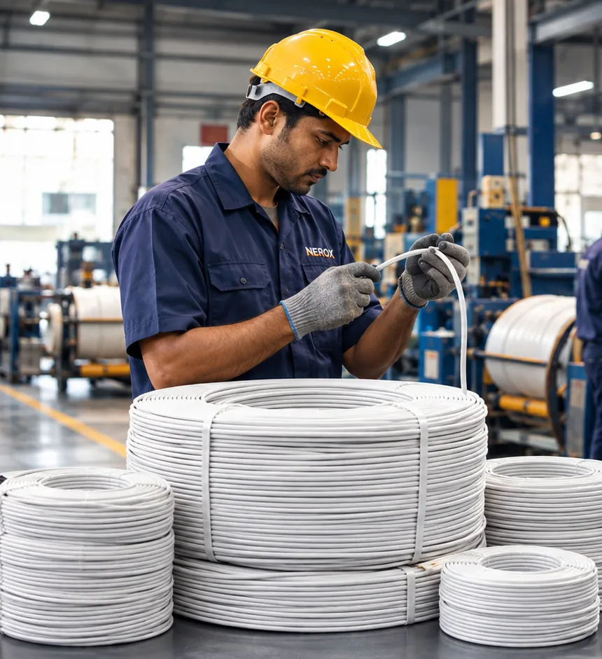 A Nerox operator measuring submersible winding wire with a micrometer on the production floor
