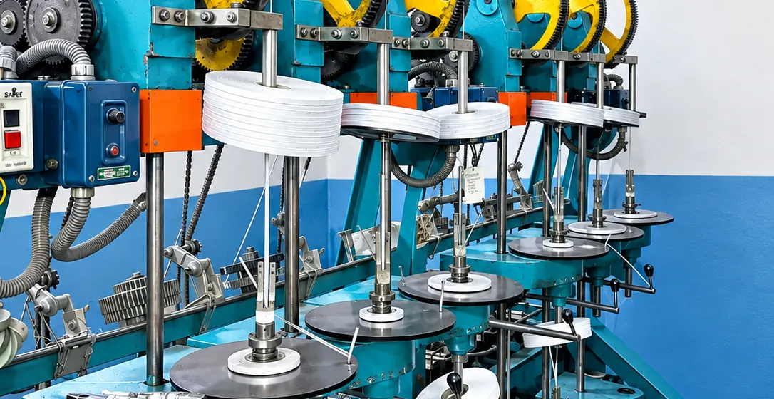 A row of taping machines running white covering tape onto copper wire